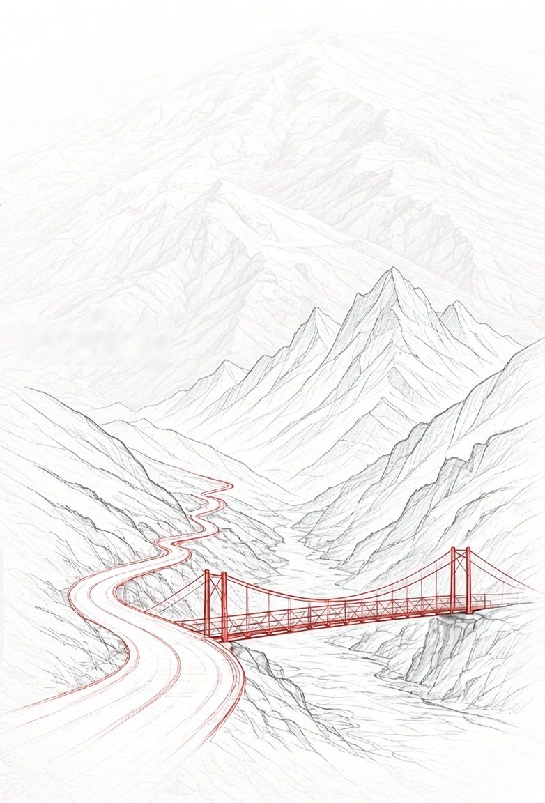 Pencil sketch of a winding mountain road leading to a red suspension bridge